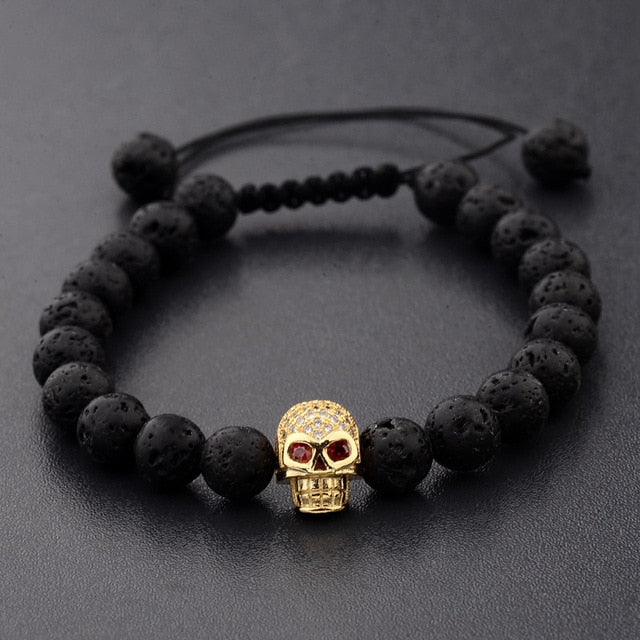 Skull bracelet with lava pearl. 3 colors available