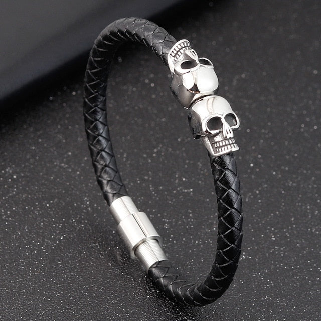 Trend: Leather bracelet with stainless steel skull. 3 Colors