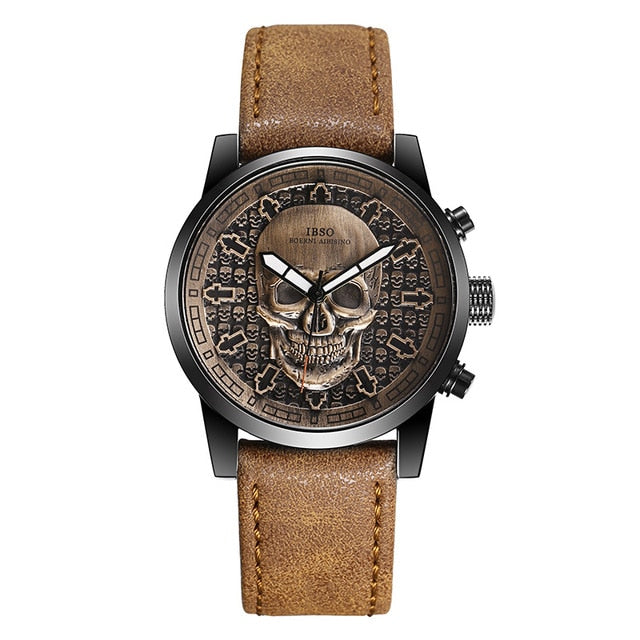 Quartz skull watch with leather strap. 2 colors