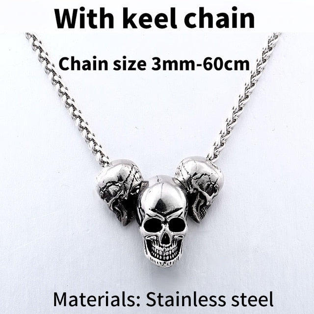Stainless steel 3 skull pendant necklace